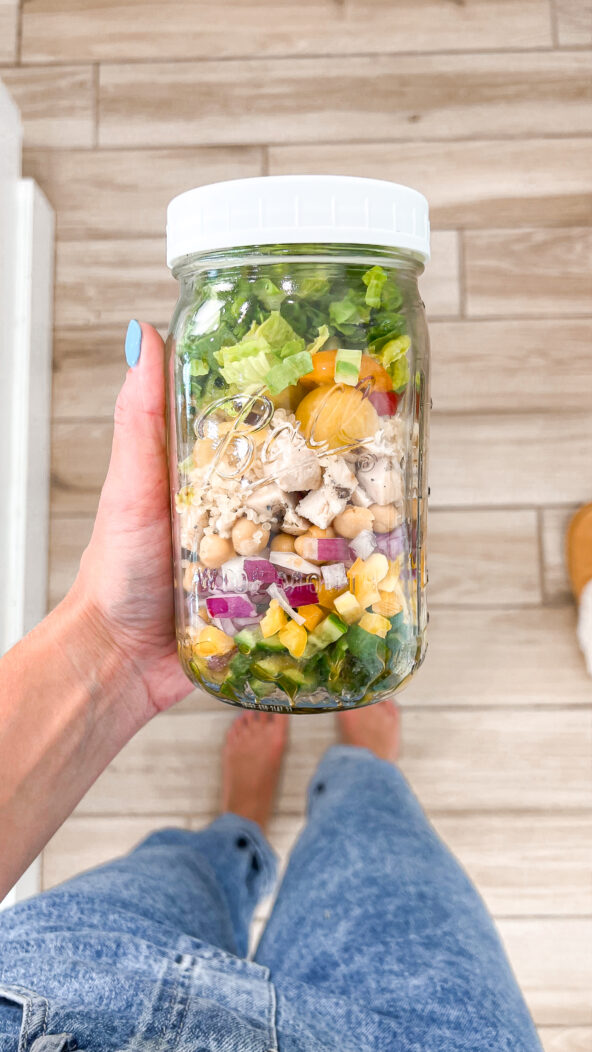 Chopped salad inside mason jar with lid