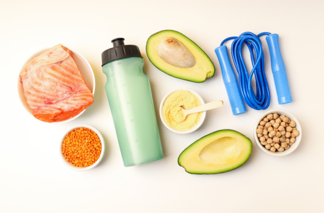 Healthy foods and home workout equipment
