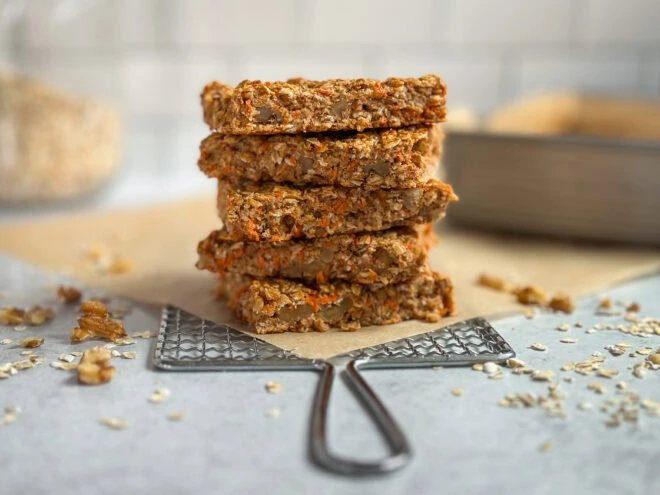 A stack of finished Carrot Cake Oat Protein Bars