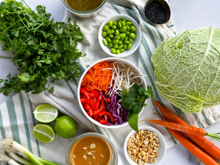 a flat lay photo of cabbage, carrots, peanuts, limes, cilantro, edamame, soy sauce, and bean sprouts