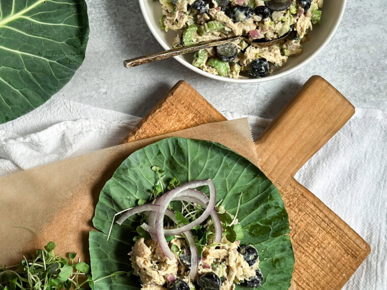 Honey Mustard Wrap combined ingredients ready to be rolled up in a collard green leaf