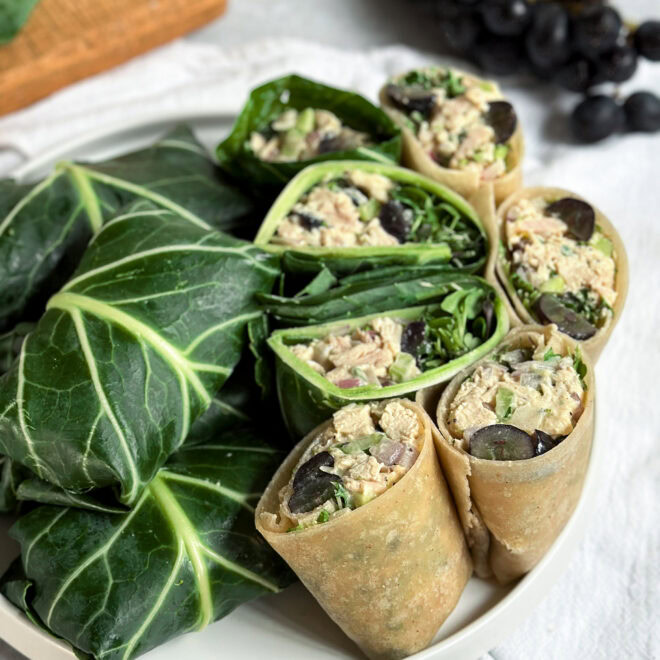 Honey mustard chicken salad wraps with gluten free tortilla wraps and collard green wraps