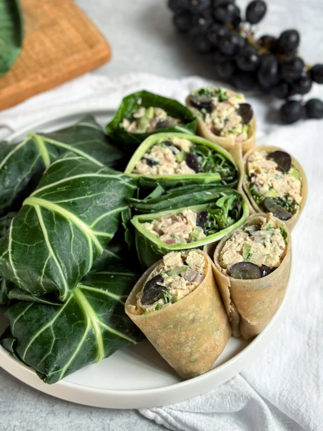 Honey mustard chicken salad wraps with gluten free tortilla wraps and collard green wraps