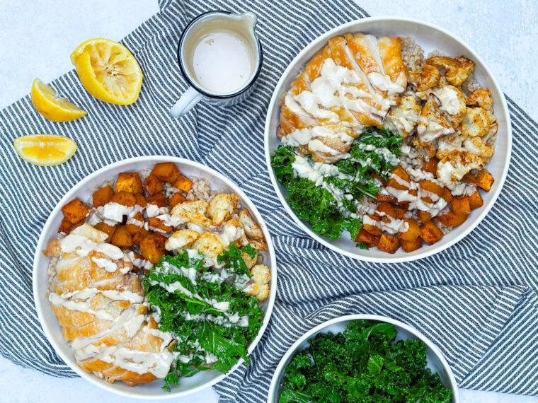 Crispy Chicken Thigh Power Bowls with Roasted Veggies & Lemon-Tahini Dressing