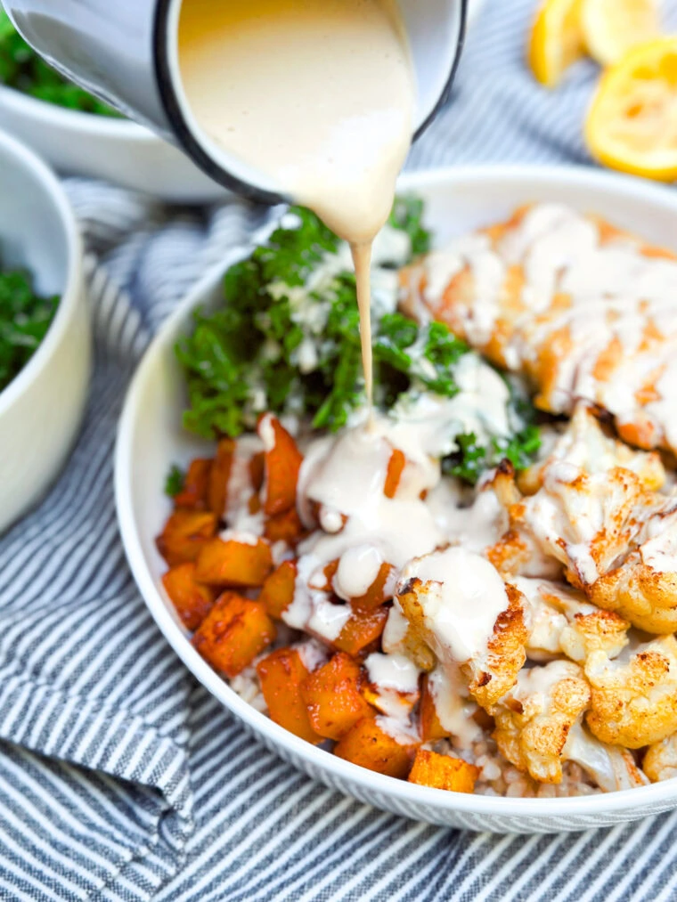 Crispy Chicken Thigh Power Bowls with Roasted Veggies & Lemon-Tahini Dressing